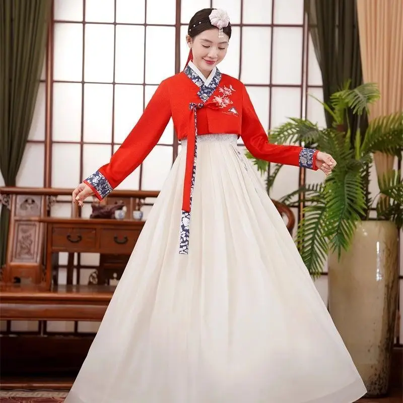 Embroidered Korean Women's Traditional Korean Court Costume, High Waist, Big Long Today's Hanbok Improved Dance Performance 한복