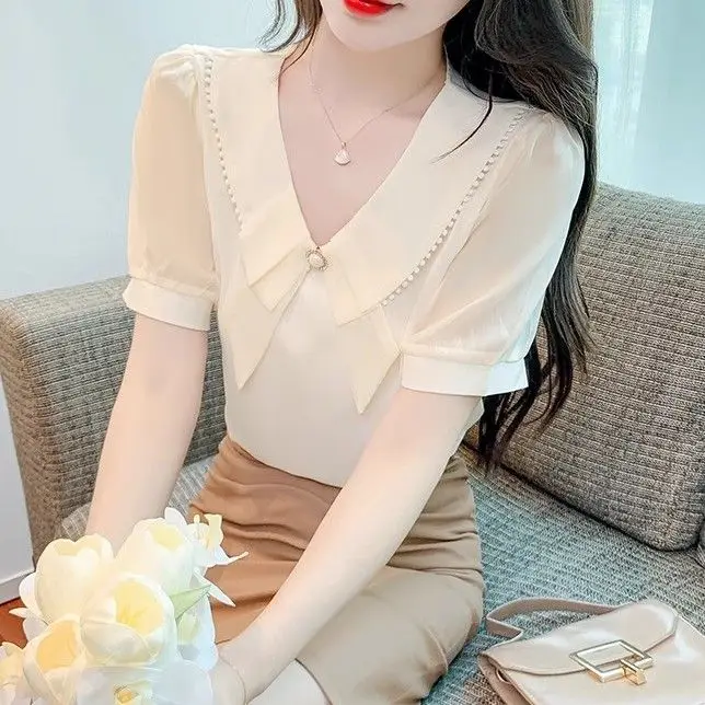 

Французская шифоновая блузка с v-образным вырезом, женская летняя новинка, элитный элегантный универсальный топ