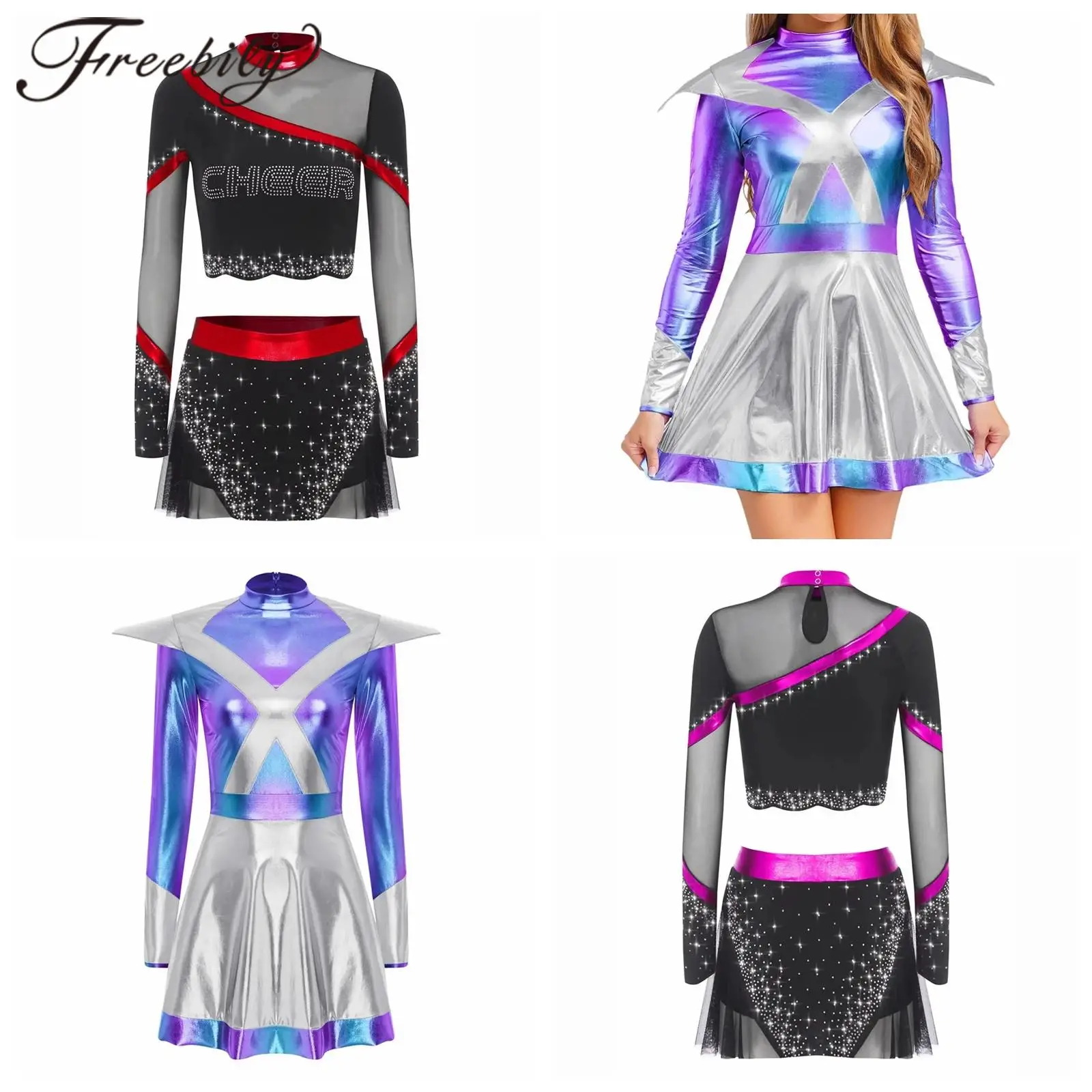 

Cheerleading Uniform Outfits for Woman Cheer Dancewear Long Sleeve Teamwear Adults Rhinestone Cheerleading Halloween Costume