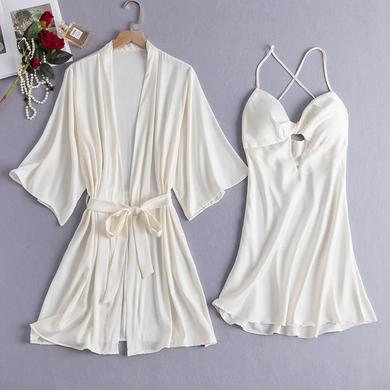 2Pcs Bathrobe Set Sleepwear Nightwear Satin Home Dress Women Robe Set Loungewear Summer Nightgown Kimono Bath Gown Lingerie