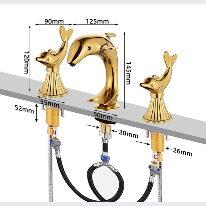 Dolphin Bathroom faucet widespread Gold Basin faucet Lavotory Tap luxury Basin Mixer Hot And Cold shower room sink Faucet