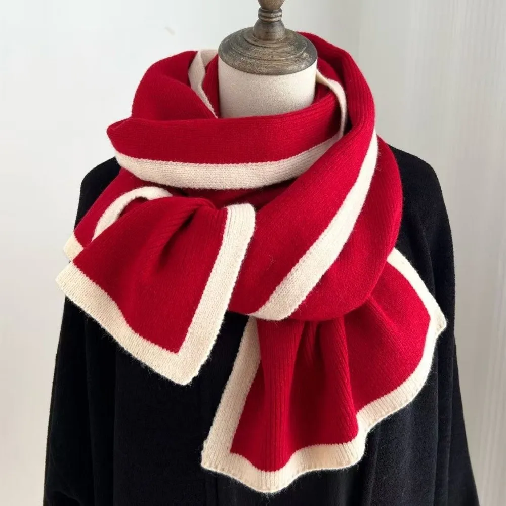 Solid Color Winter Knit Scarf Warm Soft Material Contrast Edge Woolen Scarf Double-Sided Design Casual Style Double-Sided Scarf