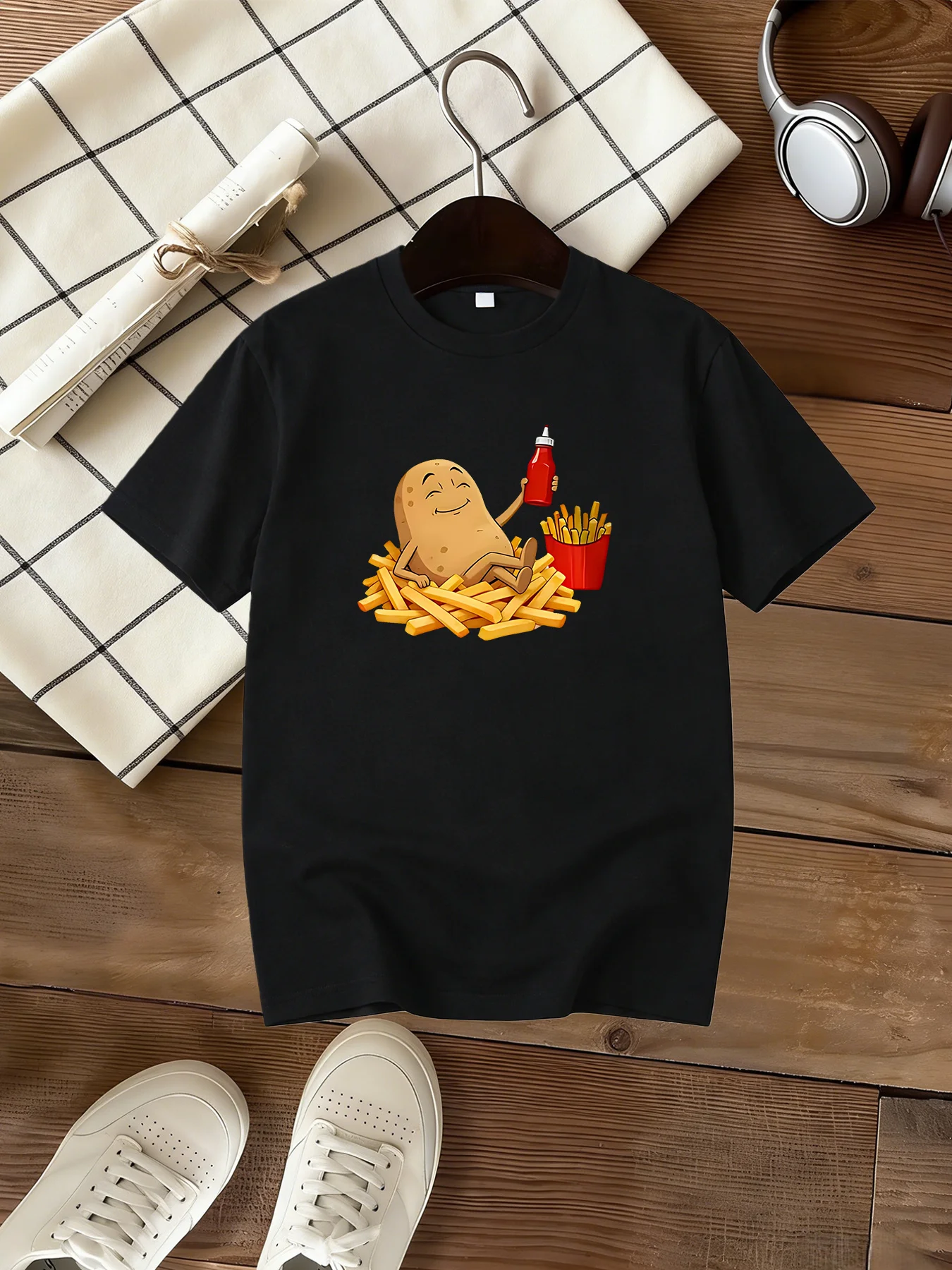 Funny Relaxed Potato French Fries Print Kid T Shirt Boys Girls Short Sleeve Parent Child Cotton Tees Daily Toddler Cute Food Tee