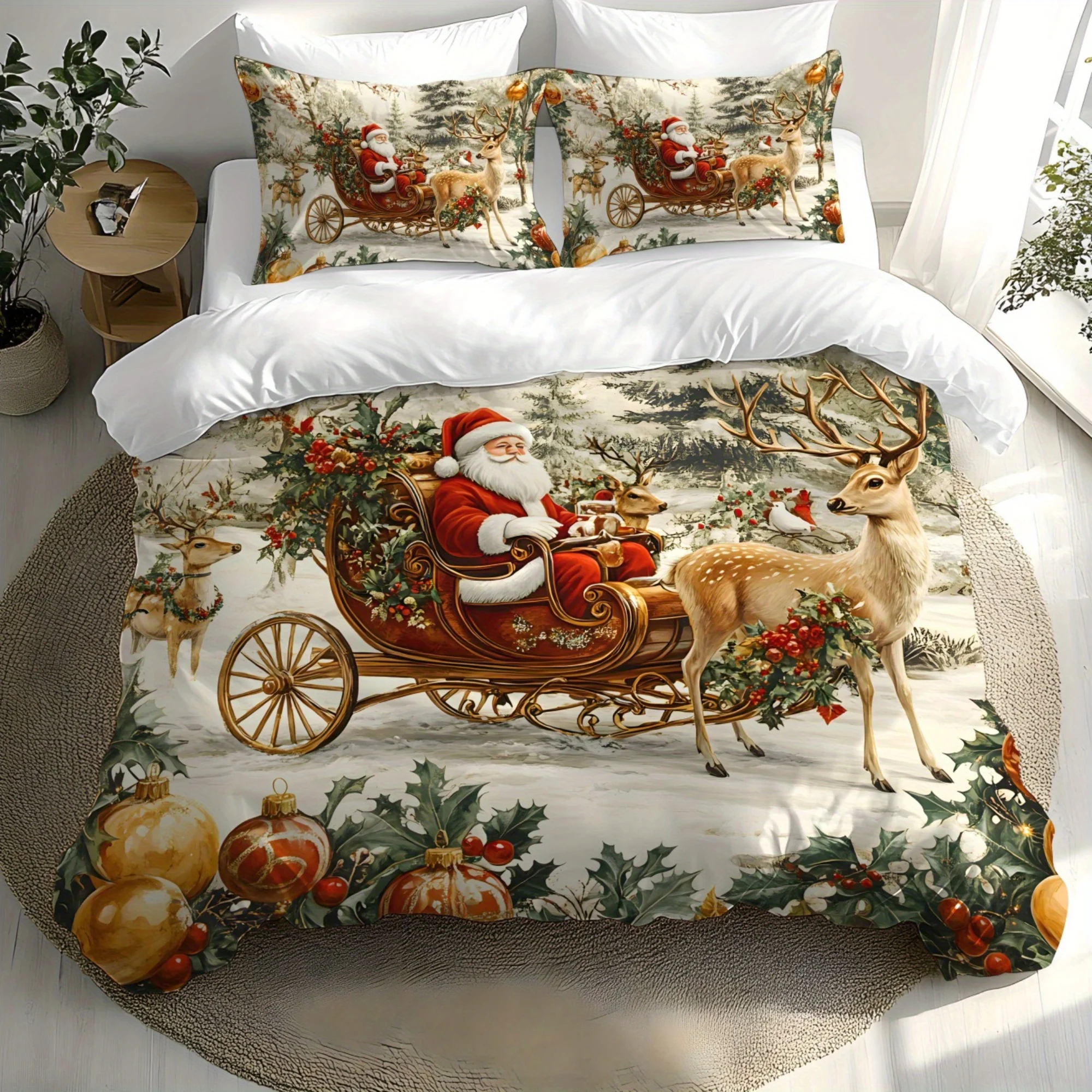 Christmas Velvet Duvet Cover Set Santa Sleigh Reindeer Snowman Snowflake Pattern Ultra Soft Digital Print Bedding for Bedroom