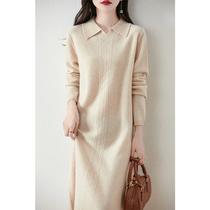 Women's AutumnWinter Warm And High-Quality Long Sleeved Solid Color Loose Fashion Pullover Doll Collar 100% Wool Knitted Dress