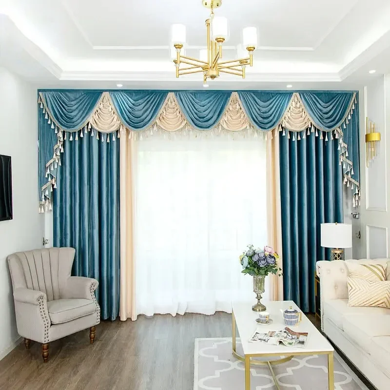 European-style Curtains for Living Dining Room Bedroom New Solid Color Elegance Stitching Blackout Velvet Villa Valance Window