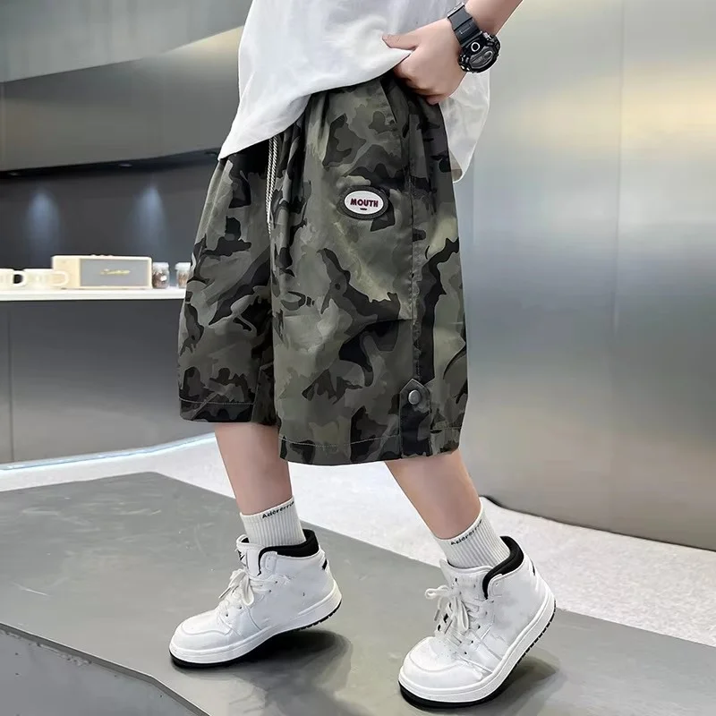 Teenager Boy Summer Military Camouflage Cargo Shorts Loose Casual Knee-Length Drawstring Outdoor Short Pants for Kids