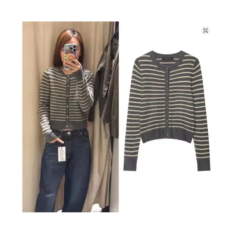 

Women Striped Knitted Cardigan Spring Autumn Button O Neck Long Sleeve Jacket Slim Fashion Casual Female Sweater ﻿