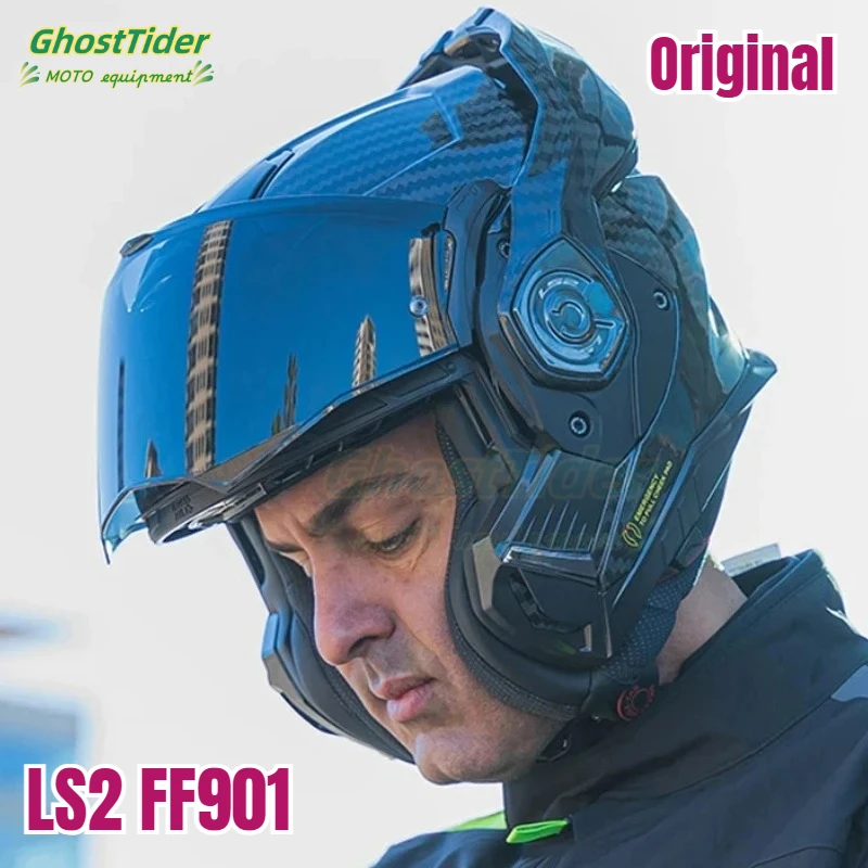 

Original LS2 Carbon Fiber Motorcycle Helmet Flip up 180° Rotating Double Sun Visor Off-road racing Helmet FF901 Capacete Casco