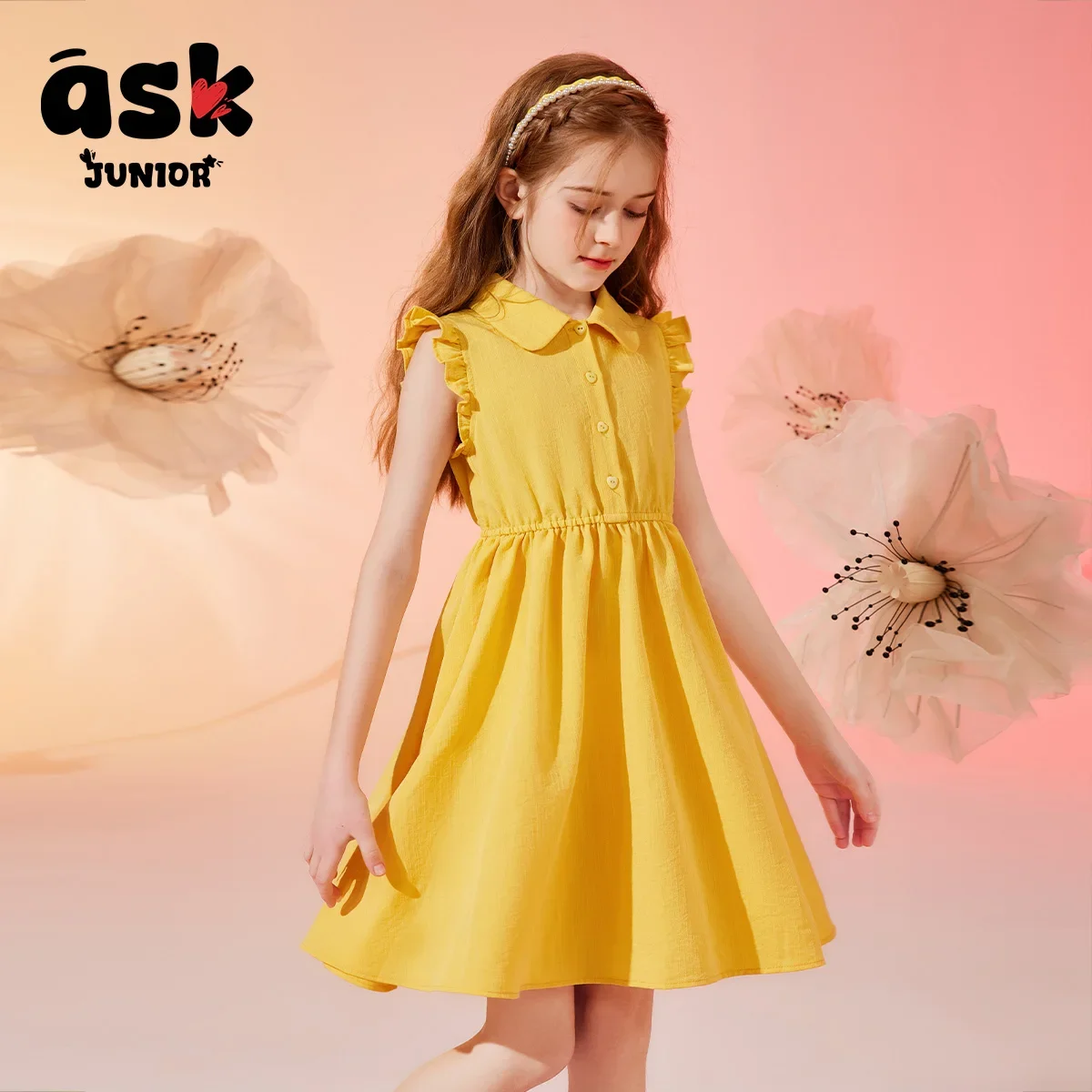 فستان صيفي للأميرات للفتيات ذو ياقة بولو بلون سادة ومتوسط وكبار السن من Ask Junior