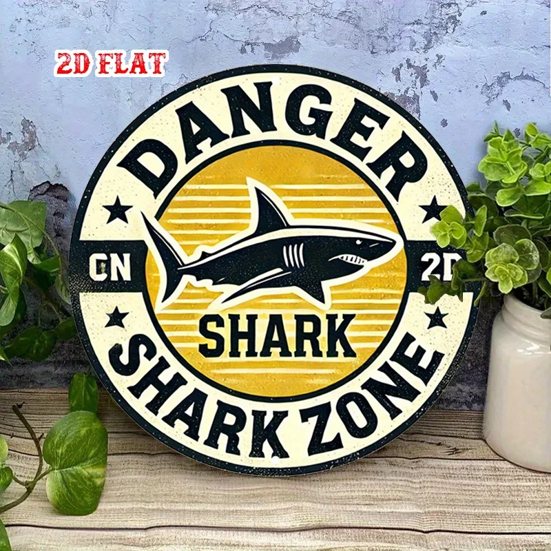 2D Flat,Danger Shark Round, Graphic Design Metal Zone Warning Rustic Metal Wall Art,Wall Decor Signs for Home, Garage