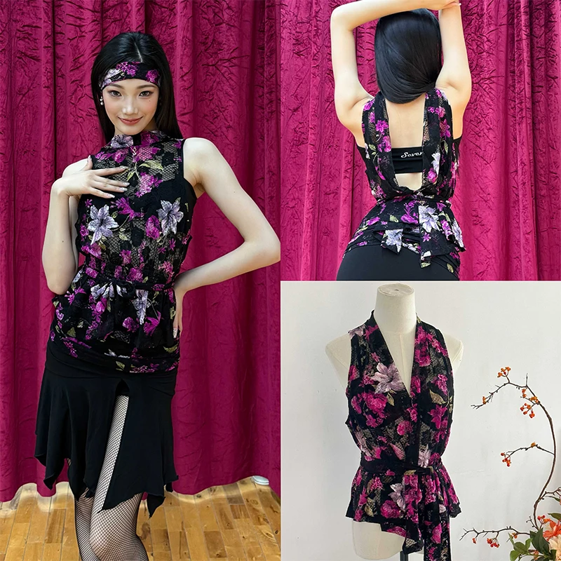 

Latin Dance Tops Women Flower Lace Blouse With Ribbon Sleeveless Salsa Rumba Ballroom Dance Practice Performance Clothes NV27071
