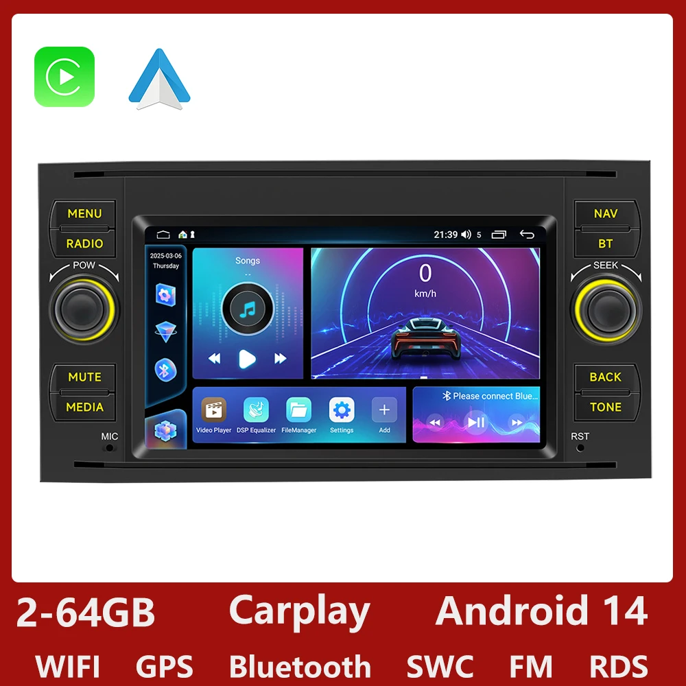 GEARELEC Android 14 Autoradio Carplay voor Ford Focus Transit Fiesta Galaxy Mondeo Fusion Kuga C-Max Carplay Draadloos Android Auto 7 Inch 2 Din Radio met GPS Bluetooth WiFi RDS FM MIC