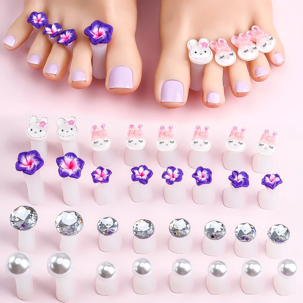 8Pcs Cute Cartoon Toe Separator Kawaii Flower Rabbit Pearl Rhinestone Soft Silicone Toe Nail Separation Foot Finger Devider Tool