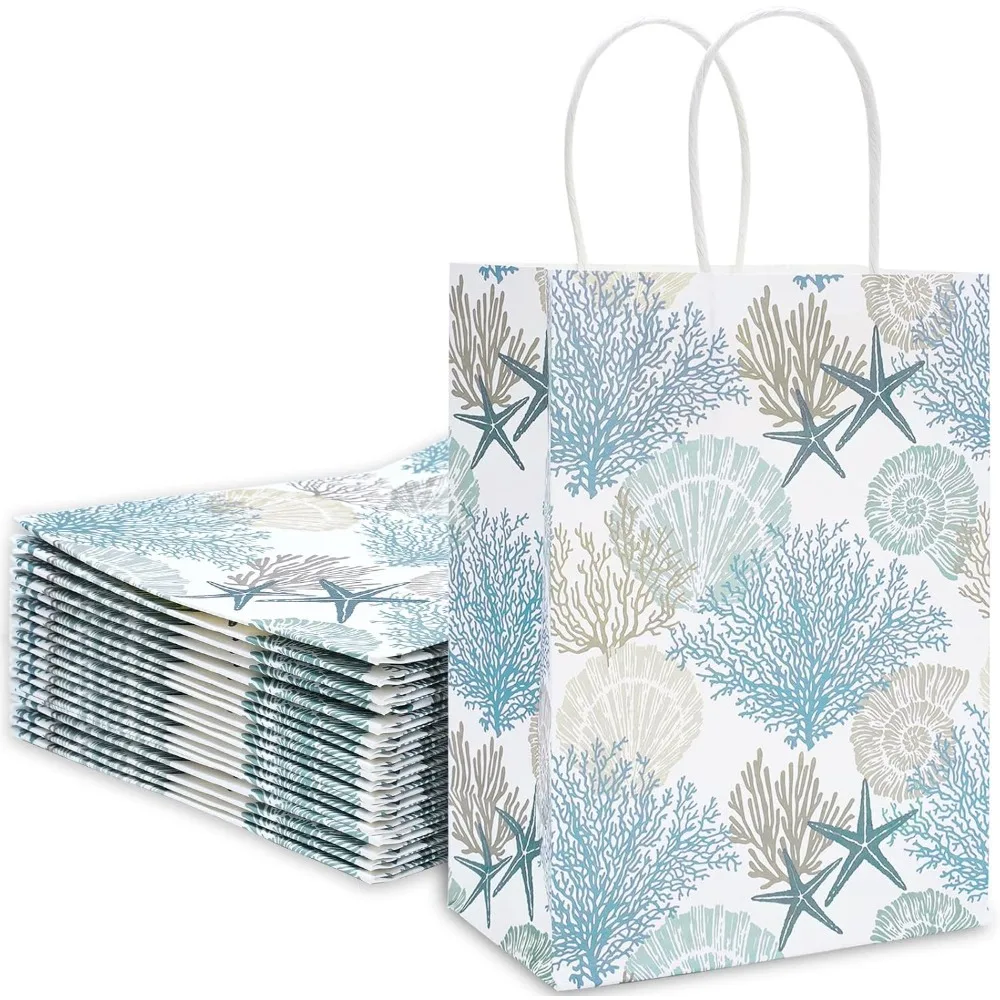 Anydesign 24 Uds bolsas de regalo de papel de concha de coral tema del océano bolsas de recuerdo de fiesta azul con asas bolsa decorativa para golosinas y dulces