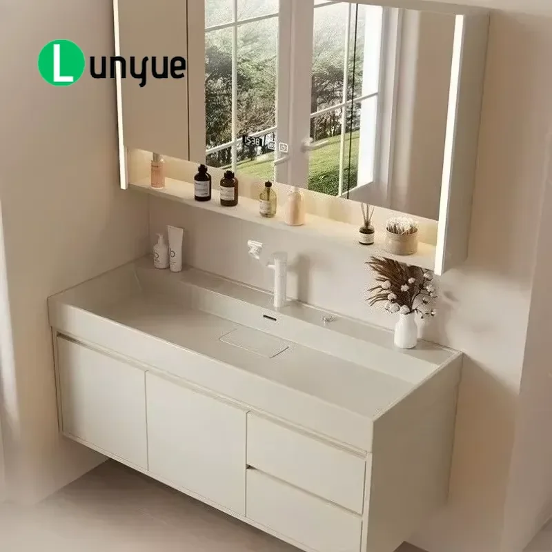 Wall Mounted Bathroom Vanity Cabinet with LED Mirror Integrated Stone Sink Modern Cream Style Floating Vanity for Bathroom