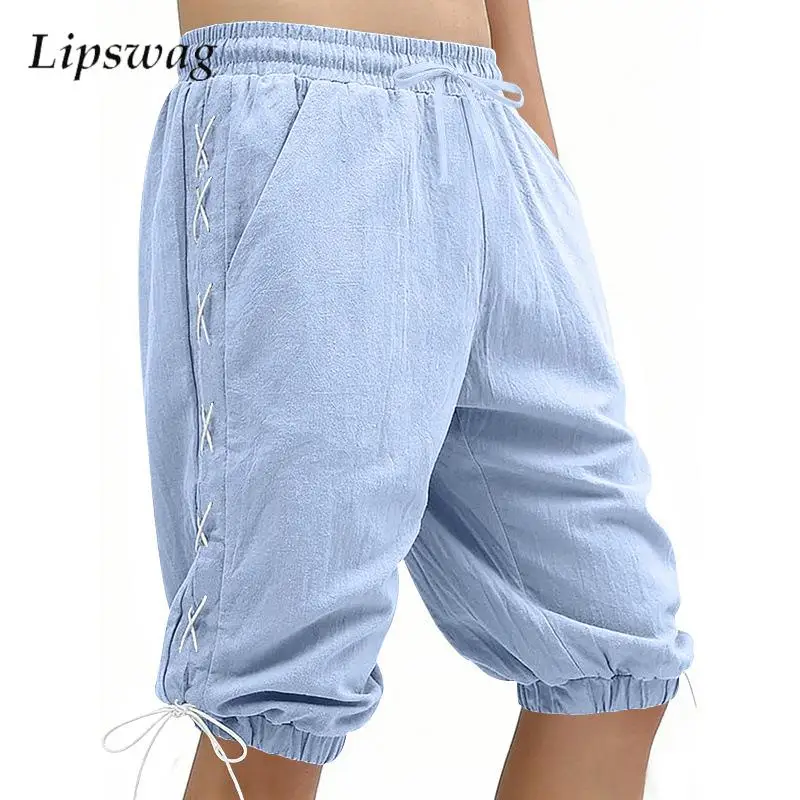 

Vintage Knee-length Linen Shorts Men Summer Casual Breathable Loose Shorts Seaside Beach Leisure Mens Solid Color Lace-up Shorts