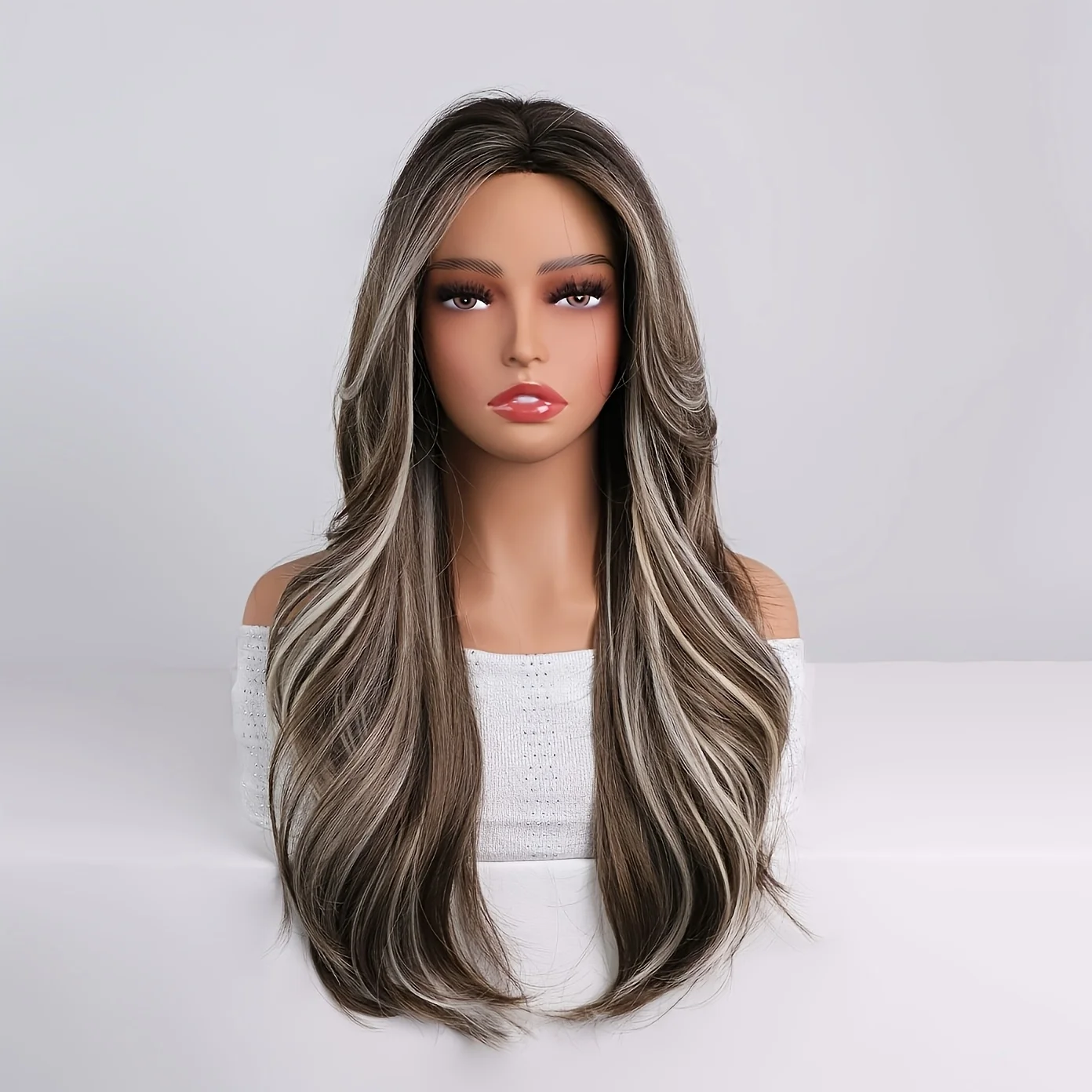 Brown ombre long wavy wig with middle part, voluminous texture layered design,  comfortable for daily wear