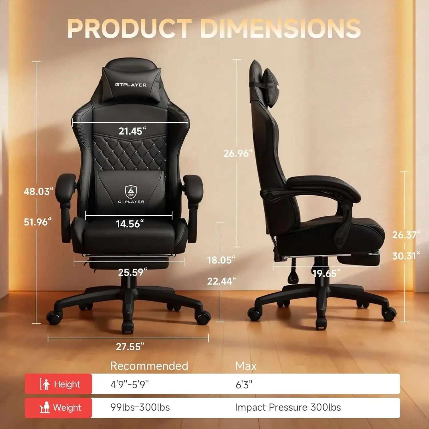 GTPLAYER Gaming Chair, High Back Leather Computer Gaming Chair with Footrest, Ergonomic Height Adjustable Office Chair with Removable Cover and Lumbar Support for Gaming & Work,Black