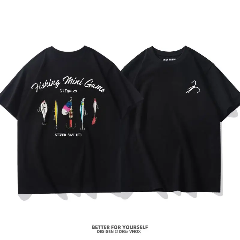 

Retro Fishing Luya Printed Short-sleeved T-shirt 2025 Summer New Black Cotton Loose Half-sleeved Top Trendy Unisex