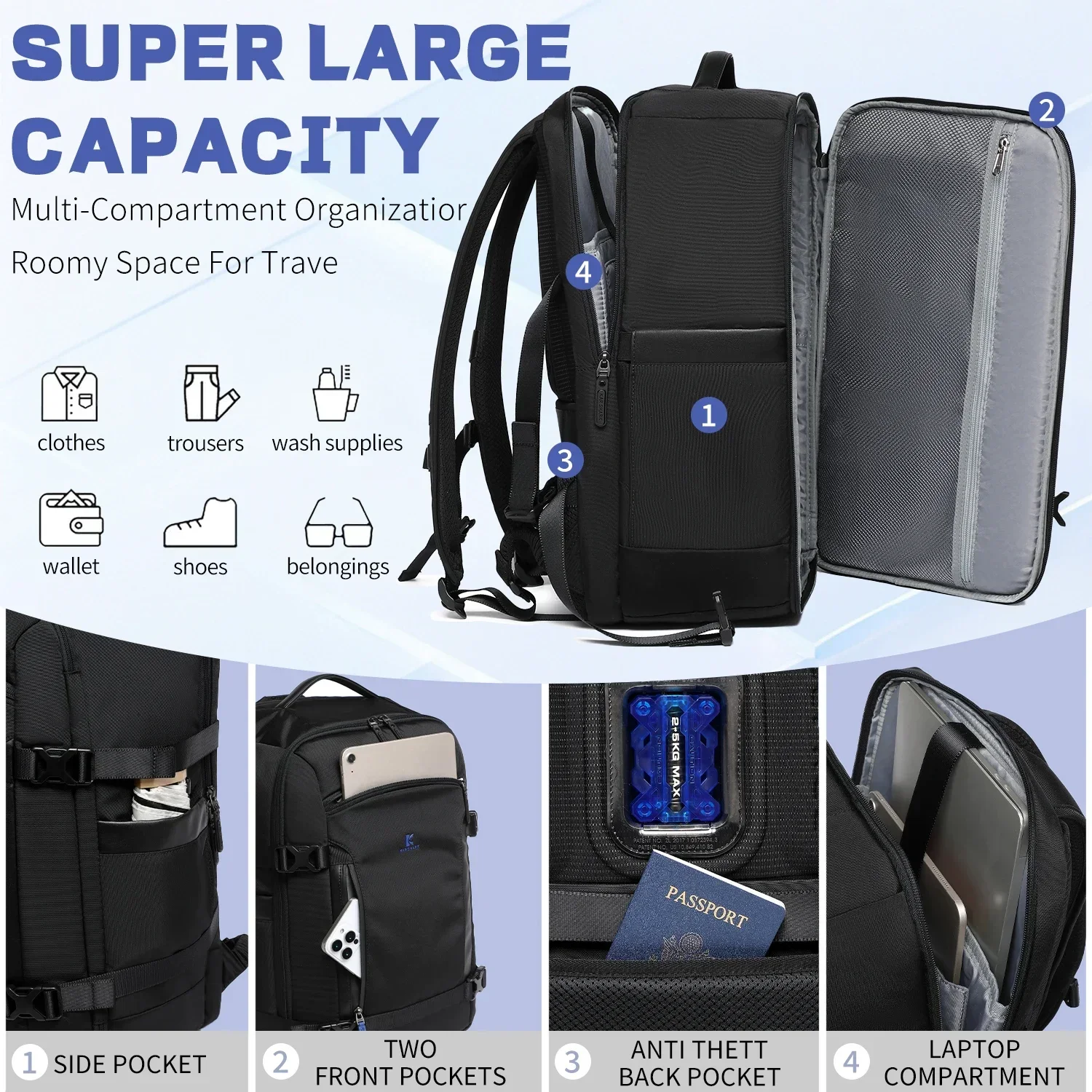 Plecak podróżny 42L o dużej pojemności, wodoodporny plecak na laptopa 17,3 cala z systemem antygrawitacyjnym, torba podręczna na podróże biznesowe.