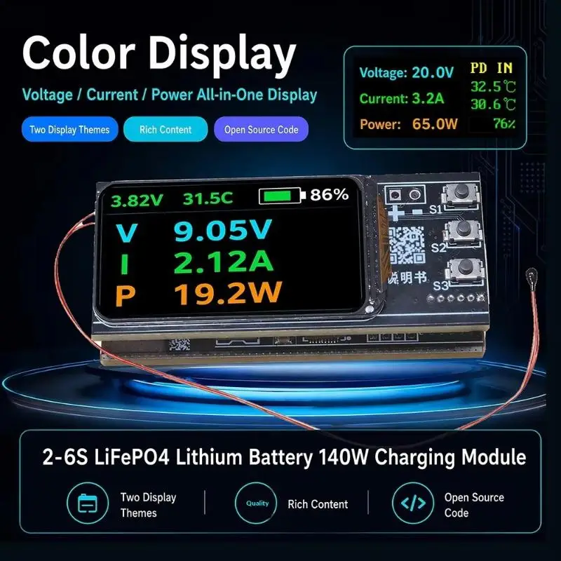 1Pcs PD 140W Fast Charging Module 0.96-inch TFT IP2366 -Boost 2-6S Li-ion Charge Discharge Board Power Bank Mainboard DIY Kit