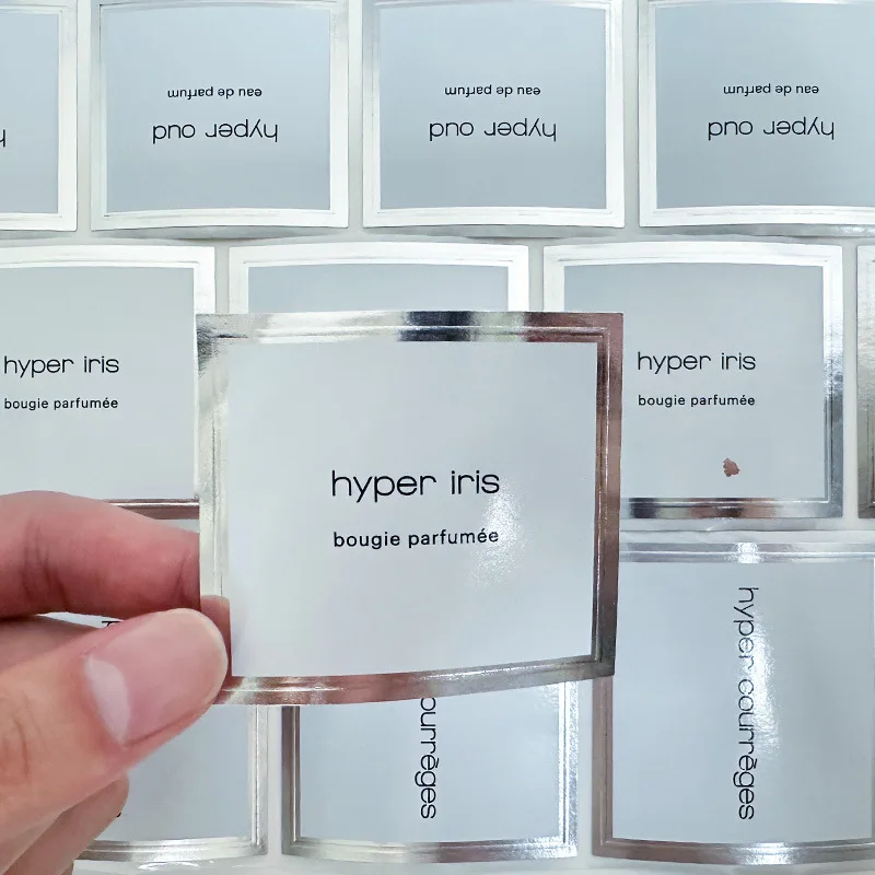 

Customized Silver Foil Square Perfume Bottle Stickers White and Silver Logo Sticker with Brand Name Designs