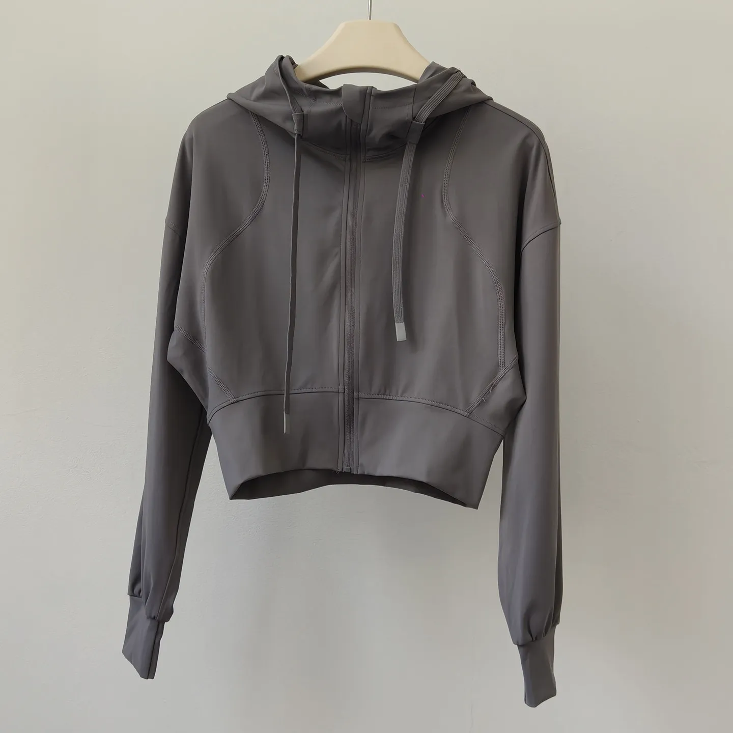 Damen Slim Fit Langarm Yoga-Oberteil Pilates-Trainingskleidung Kapuzen-Freizeitjacke Kurze Sportjacke Lockerer Mantel Shirt – Detail 7