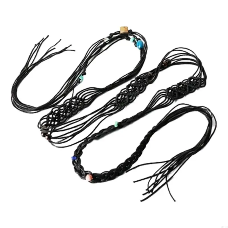 39BD Beads Decors Bohemian Waist Belt Women Elastic Belt Ethnic Braided Belt Thin Waistband Colorful Waist Rope