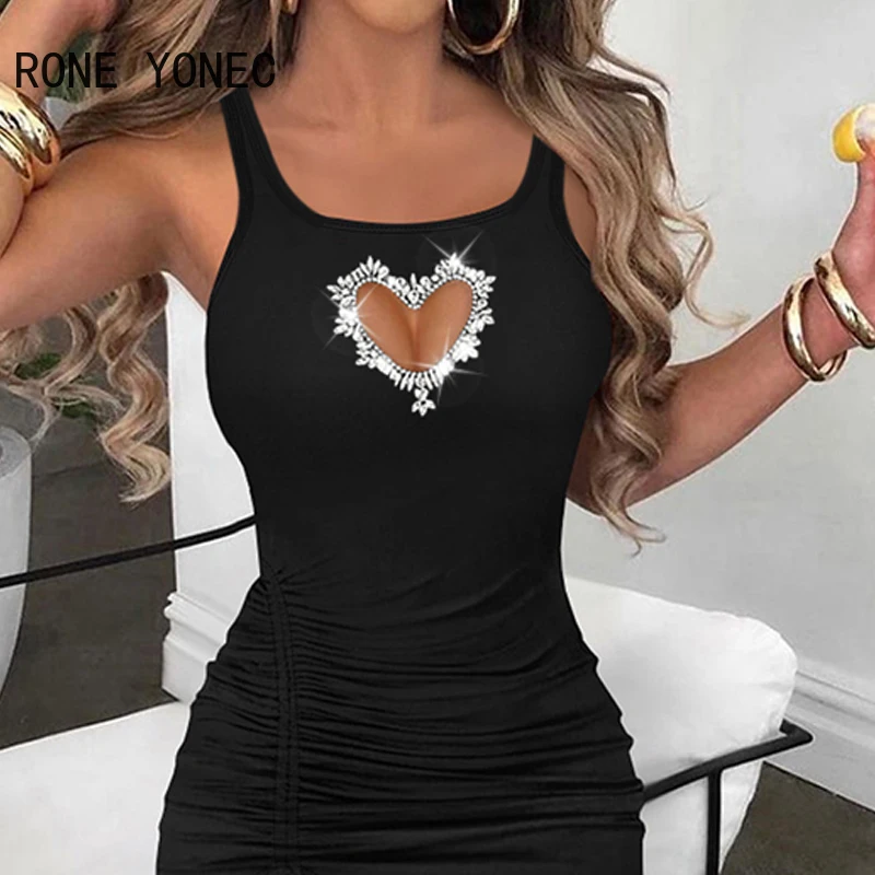 Kobiety jednolita seksowna grube ramiączka Bodycon Maxi Sexy Rhinestone dekoracje serca sukienki