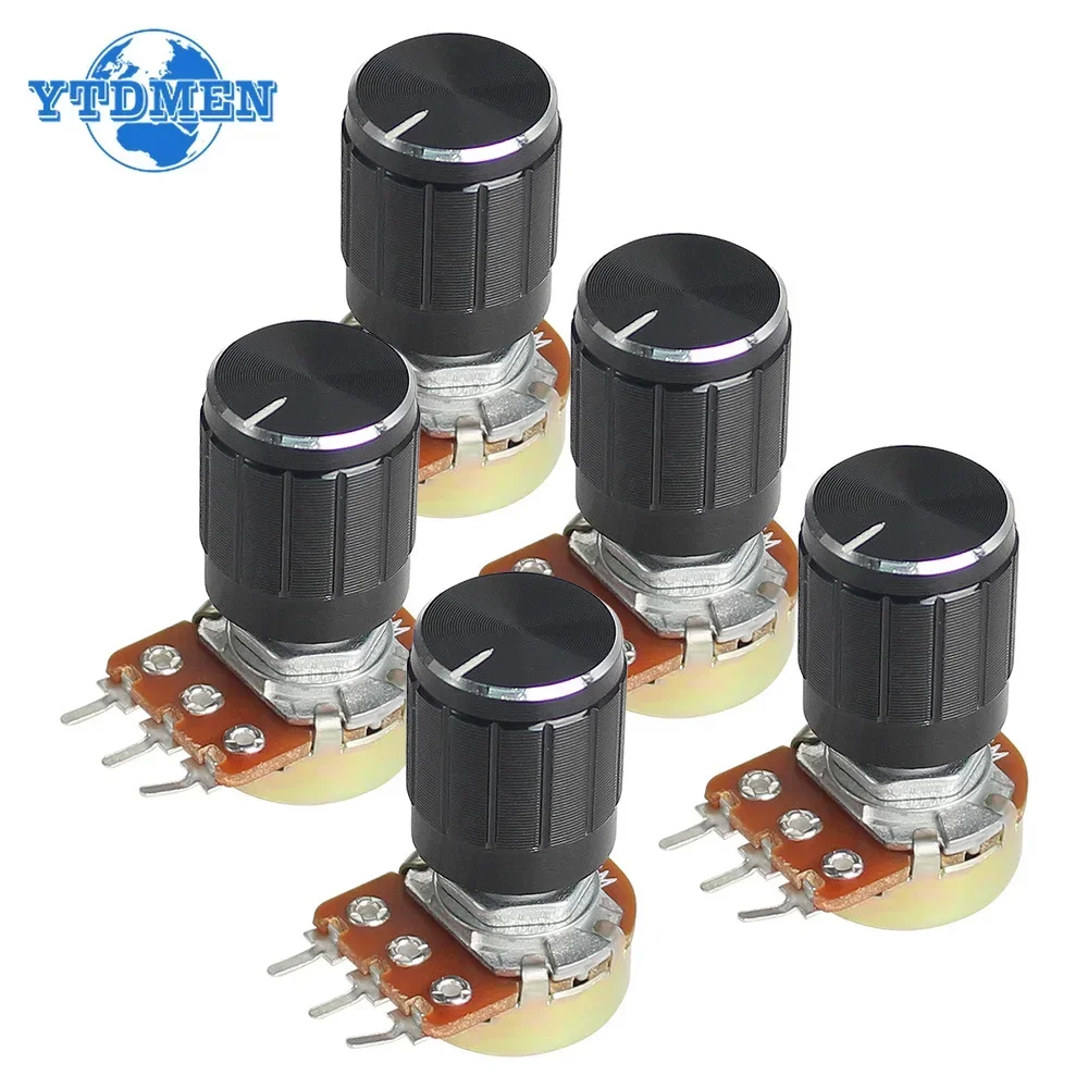 5Set WH148 15mm 3pin Linear Potentiometer 1K 2K 5K 10K 20K 50K 100K 250K 1M with Black Aluminum Alloy Knob Cap Potentiometer Kit