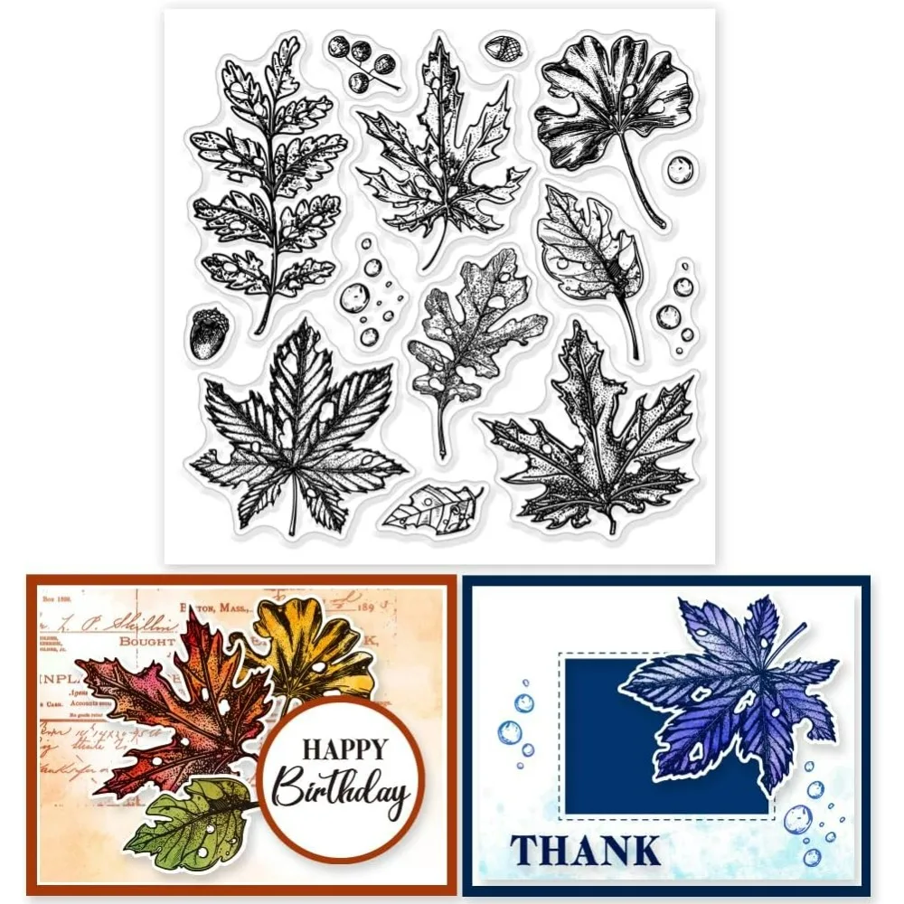 Autumn Leaves Clear Stamps 5.91x5.91 inch Maple Leaves Ginkgo Biloba Leaves Silicone Clear Stamp Seals Water Droplets Acorns