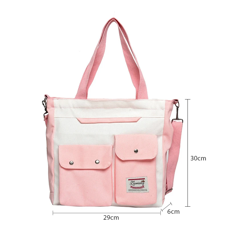 Large Capacity Canvas Bag for Women, Cute Multi-Pocket Tote Bag, Student Bag, Commuter Shoulder Bag, Detachable Strap