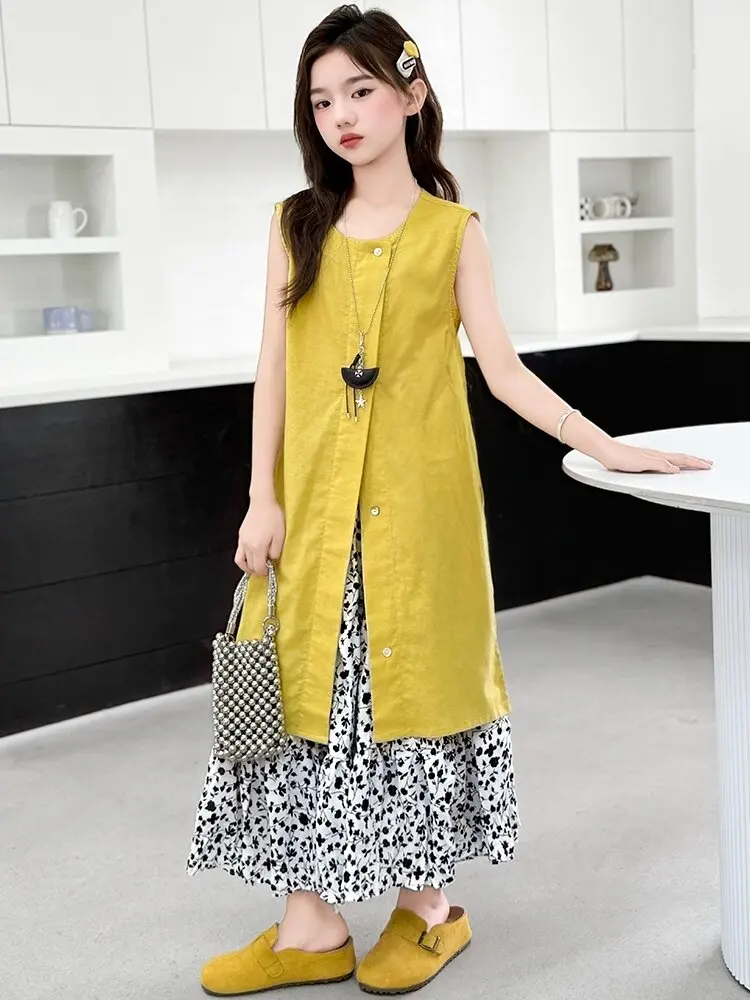 

Летний комплект для девочек: тонкая хлопковая юбка и топ, модная школьная форма из двух предметов