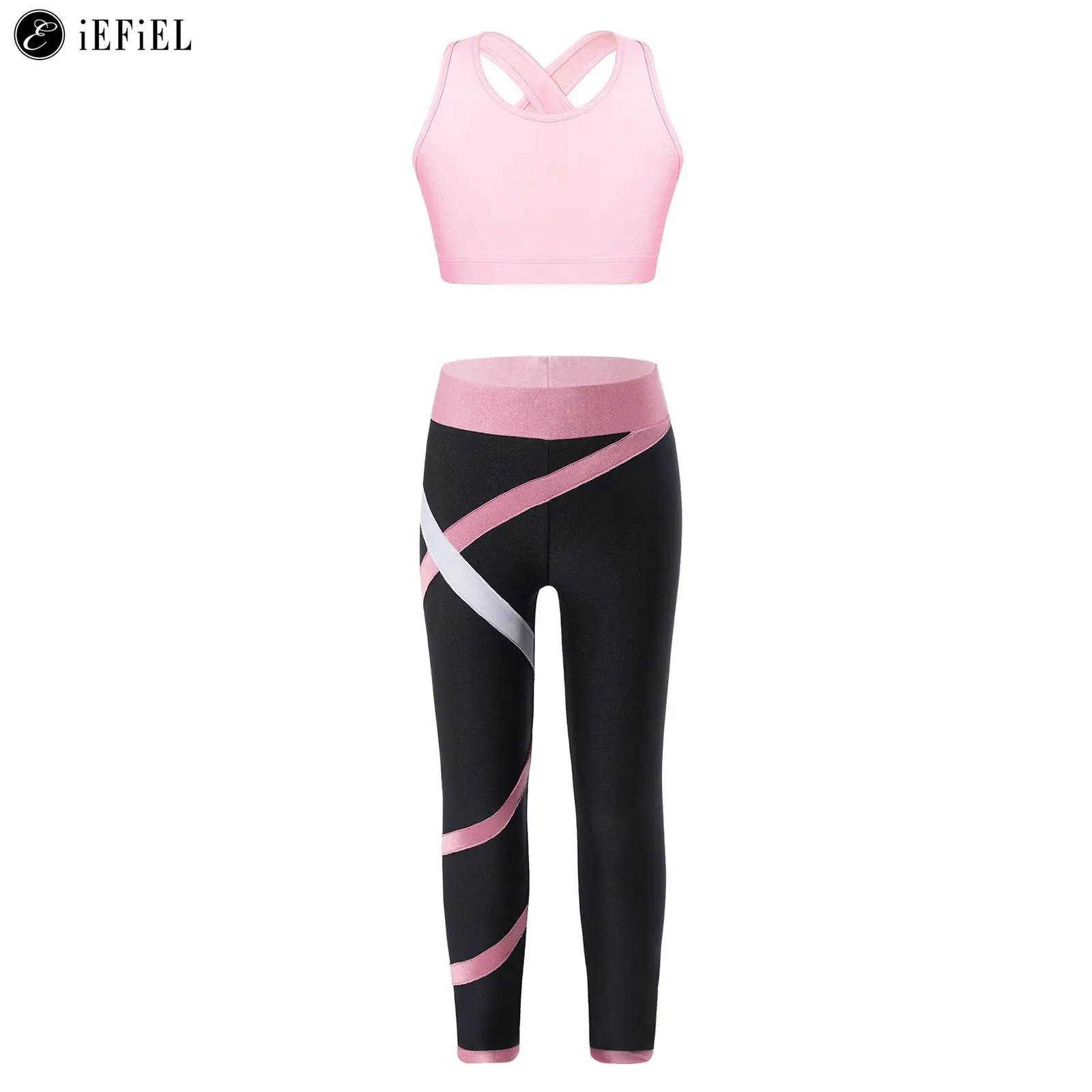 Kids Girls Criss-Cross Crop Tops with Athletic Leggings for Dance Gymnastics Figure Skating Competition Tumbling Dancewear