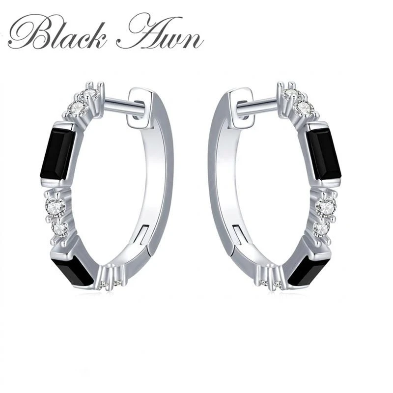 Black Awn 2026 New Hoop Earrings for Women Classic Silver Color Trendy Spinel Engagement Jewelry I239