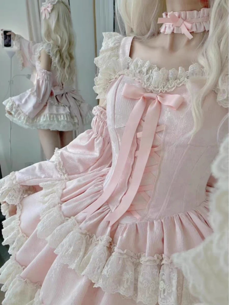 Kawaii Lolita Suits Japanese Party Dress Women Y2k Korean Sweet Fairy New Design Puffy Dress 2 Piece Dress Sets 2000s Vintage