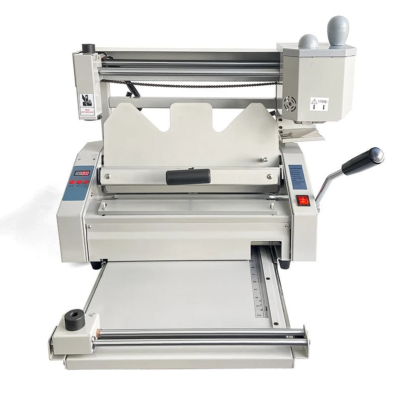 Compact cordless manual hot melt bookbinder crease and cut-out function for brochures and documents