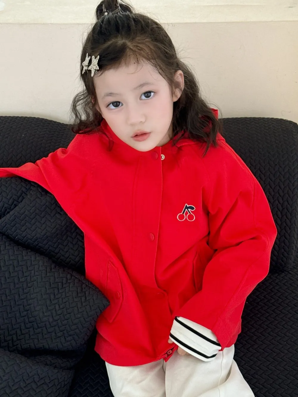 

Spring Autumn kids girl clothes cherry pattern High quality girls' jacket embroidered Red casual jacket baby coat
