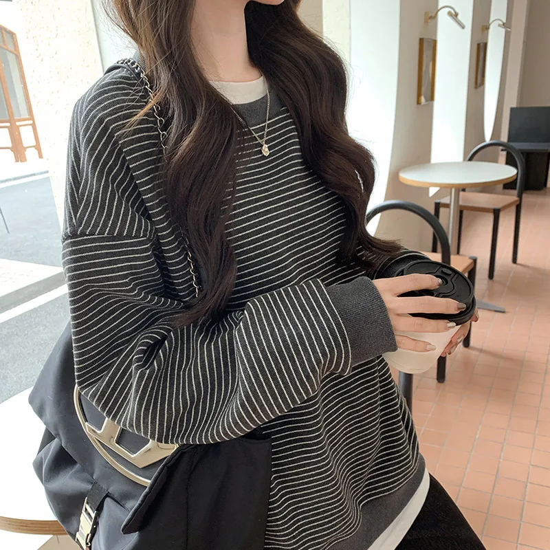 

2025 Hot Selling New Striped Round Neck Loose Lazy Style Casual Soft Versatile Hoodie for Women