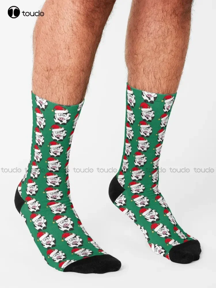 Cute Christmas Cow In Santa Hat Socks Mens Cotton Socks Personalized Custom Unisex Adult Teen Youth Socks 360° Digital Print