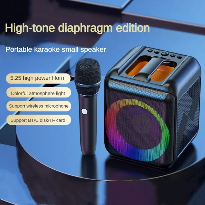 ポータブル屋外bluetoothスピーカーワイヤレスマイクrgbランニングライトサブウーファーfmラジオカラオケパーティー