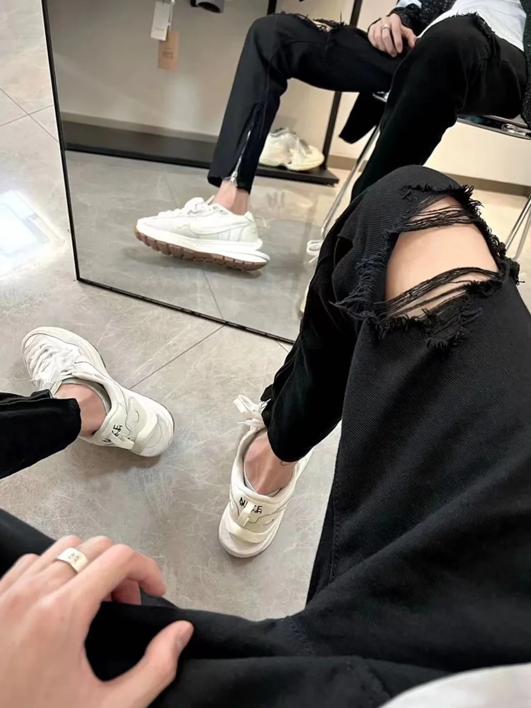 

Bla Ripped Zipper Straight Leg Jeans Men's Summer High Street Slim Fit Long Trousers Trendy Youth Casual Wear All Seasons