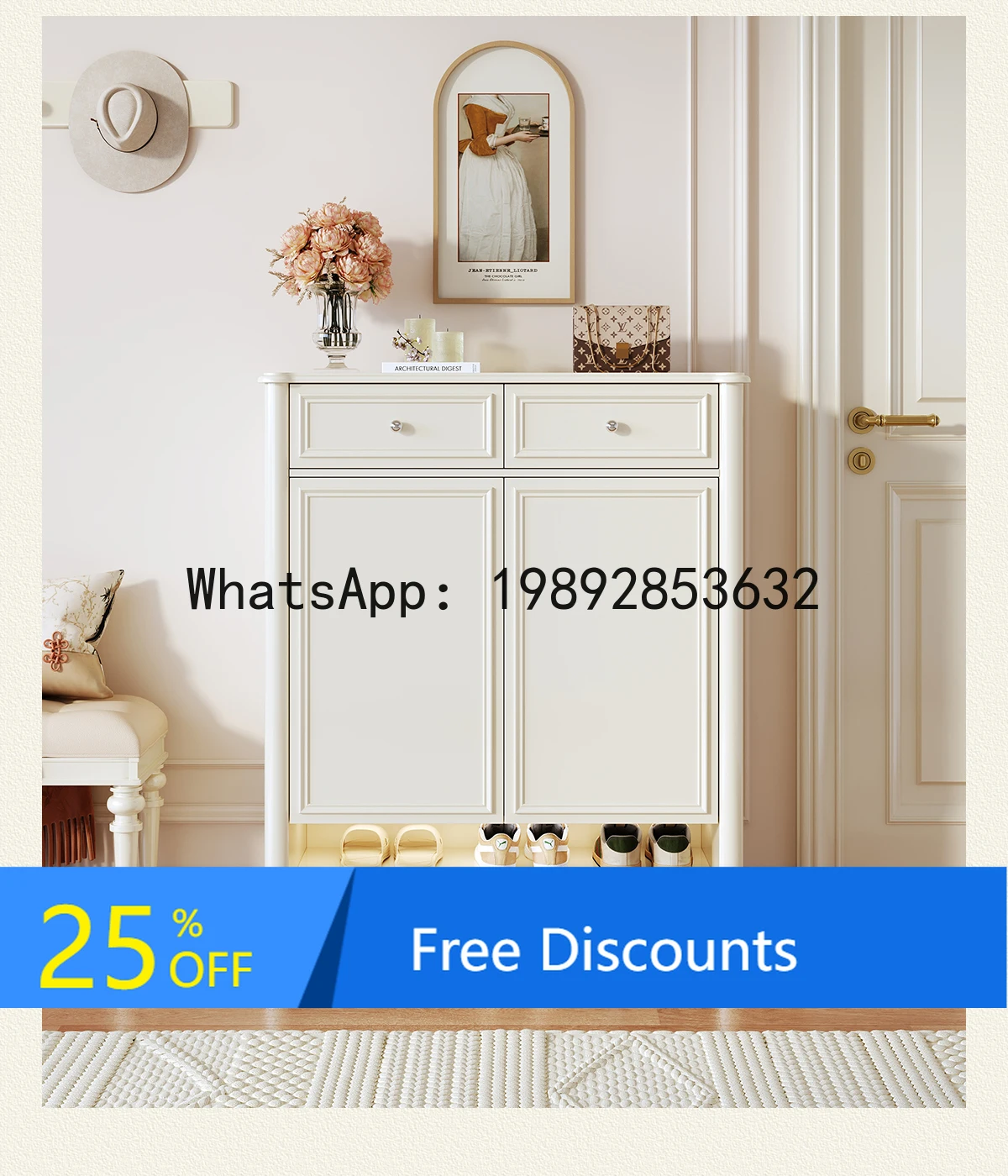 YFY French Cream Style Large  Shoe  Storage  Integrated Wall-Mounted Home Entrance Solid Wood Lacquered Entryway Cabinet