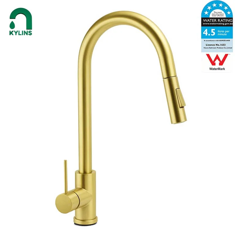 **Sydney Stock** KYLINS Brushed Gold Kitchen Taps Faucet for Kitchen Sink Water Mixer Pull Out 2 Mode Sparyer WELS WaterMark