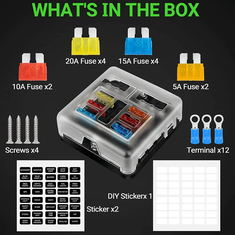 6 Way Waterproof Fuse Block,With LED Indicator Part Kit With Negative Marine Fuse Box For Dc12-24V Car Boat RV Truck