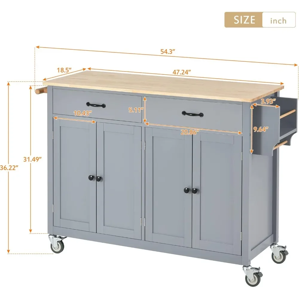 Kitchen Island Cart on Locking Wheels w/4 Cabinet,2 Drawers,Solid Wood Tabletop,Adjustable Shelves,Spice & Towel Side Rack,Blue