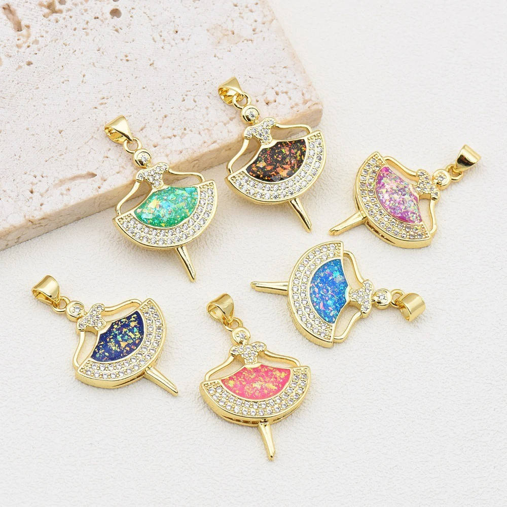 1 Piece Opal Copper Plated Gold Ballet Girl Pendant for DIY Necklace Charm Making Micro Inlay Zircon Accessories Women Jewelry