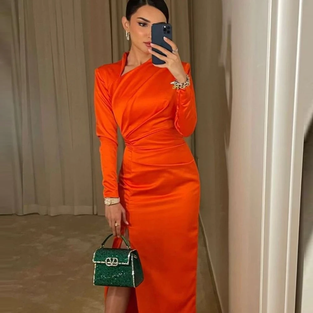 Women Saudi Arabia Satin Long Sleeves High Slit Vintage Wedding Guest Elegant Formal Party Gowns Orange Evening Dresses