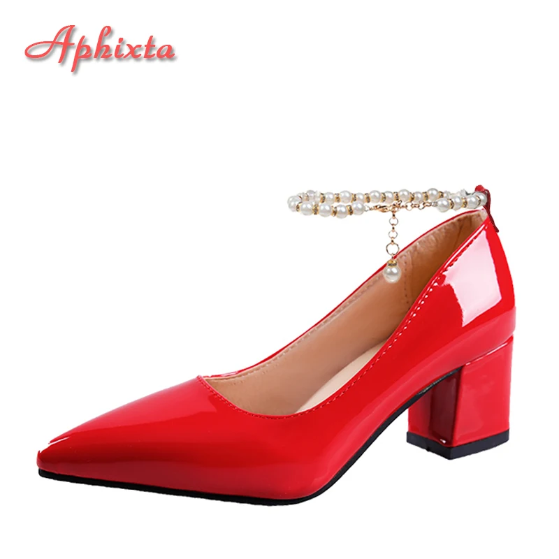 Aphixta-Patent Leather Chunky Heels para mulheres, cristais, corrente de pérolas, sapatos de cinta no tornozelo, moda lazer, plus size, 30-50, 5cm,